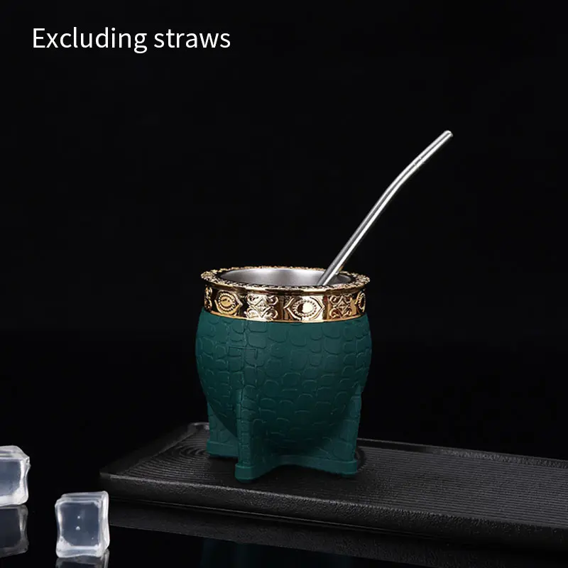 Stainless Steel Double Walled Paraguay Tea Cup Flat Bottomed Glass Cup Coffee Cup With Straw Turtle Shell Texture Eggshell Cup