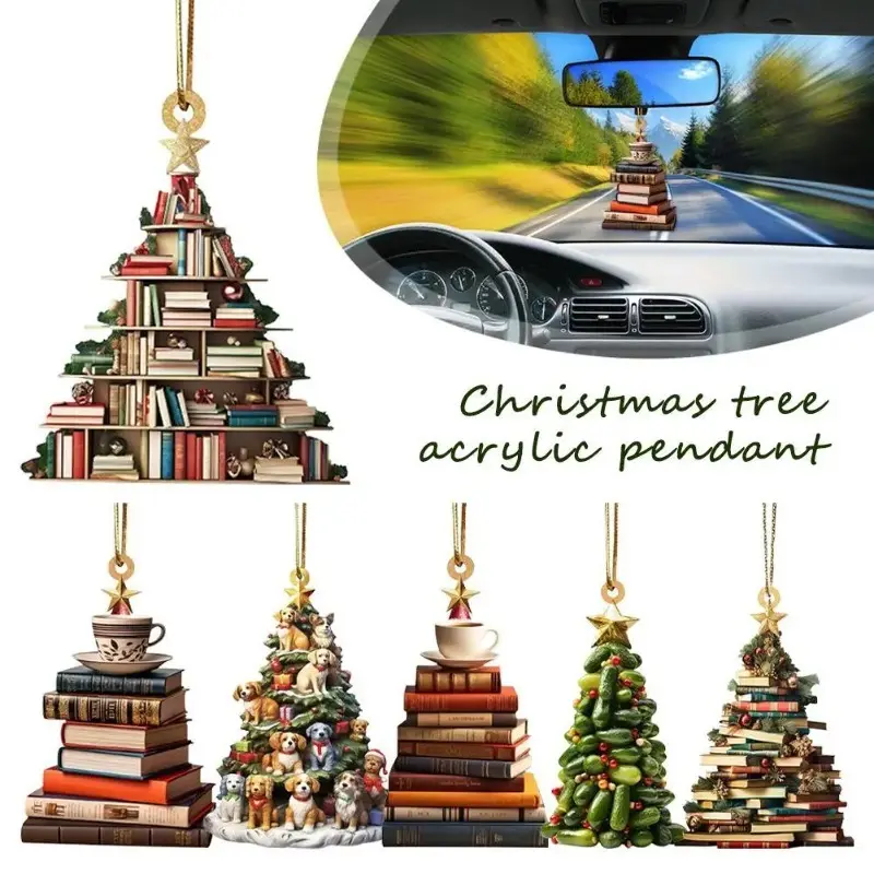Christmas Tree Shaped Bookshelf Pendant Book Stacking Decoration Christmas Flower Wreath Acrylic Decoration New Year Decor 2D