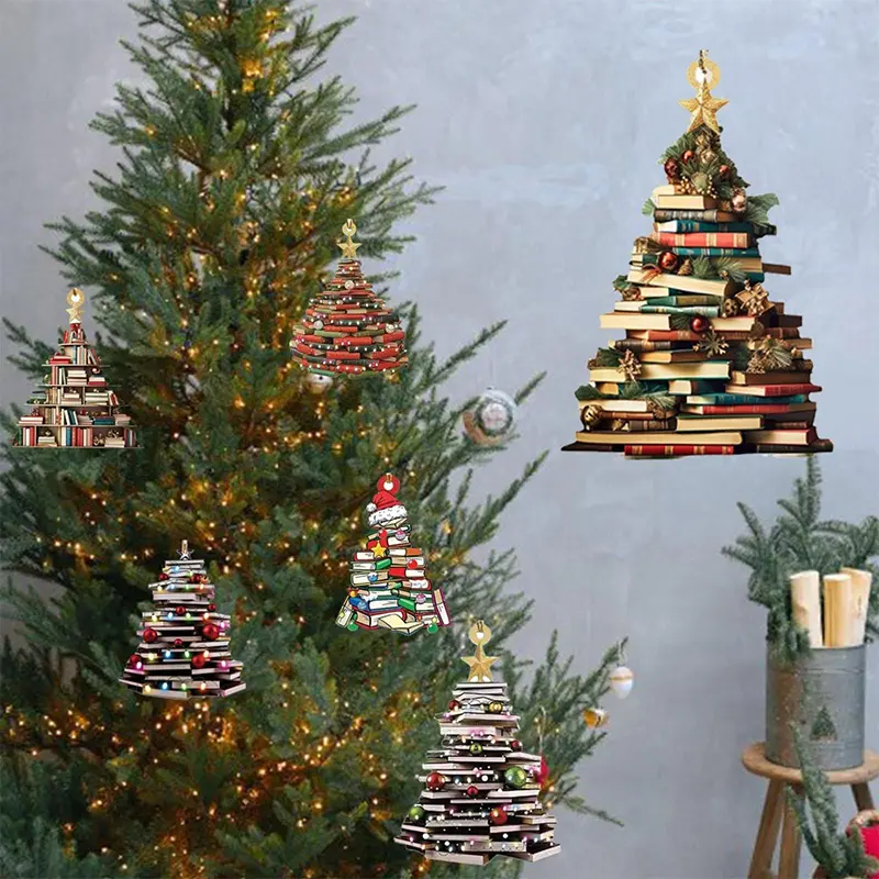 Christmas Tree Shaped Bookshelf Pendant Book Stacking Decoration Christmas Flower Wreath Acrylic Decoration New Year Decor 2D