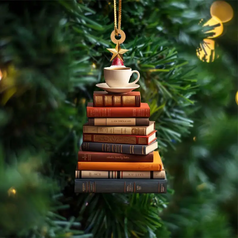 Christmas Tree Shaped Bookshelf Pendant Book Stacking Decoration Christmas Flower Wreath Acrylic Decoration New Year Decor 2D