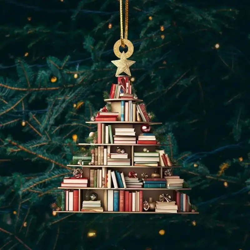 Christmas Tree Shaped Bookshelf Pendant Book Stacking Decoration Christmas Flower Wreath Acrylic Decoration New Year Decor 2D