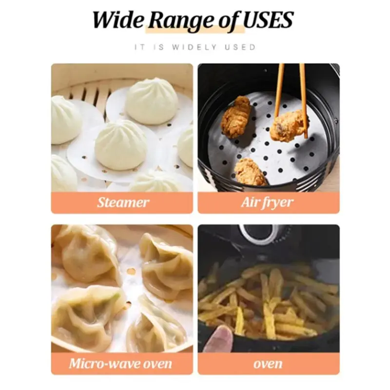 200pcs Air Fryer Paper Disposable Steamer Liner Kitchen Baking Tray Paper Perforated Silicone Oil Paper Baking Oil Absorbe Paper