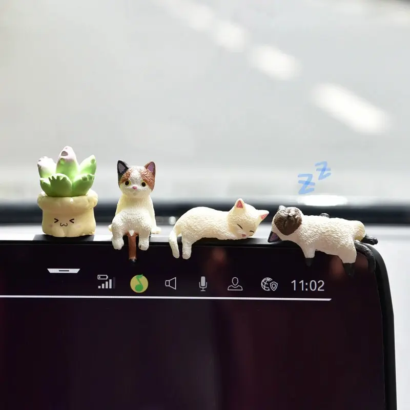 Cute Cat Car Desktop Decor Cartoon Simulation Edge Hanging Cat Screen Decor Car Central Control Display Screen Car Accessories