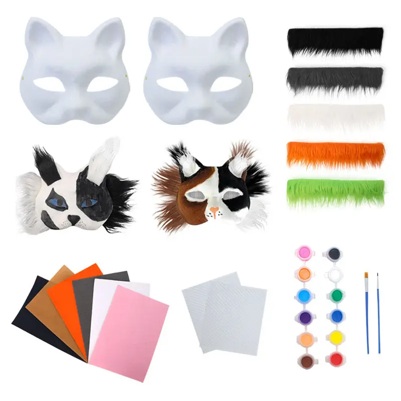 Therian Mask Set Blank Mask Half Face Hand Drawn Animal Cat Fox Mask DIY Handmade Graffiti Half Face Mask Party Christmas Gifts