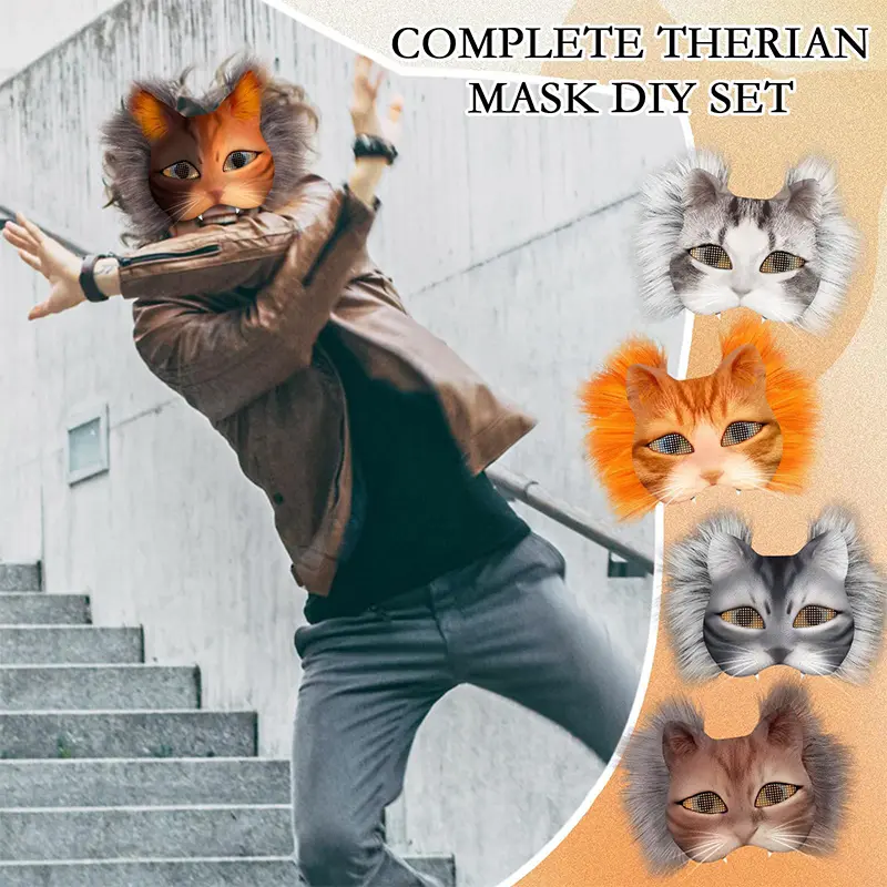 Therian Mask Set Blank Mask Half Face Hand Drawn Animal Cat Fox Mask DIY Handmade Graffiti Half Face Mask Party Christmas Gifts