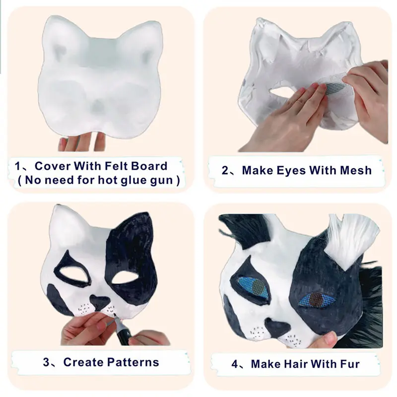 Therian Mask Set Blank Mask Half Face Hand Drawn Animal Cat Fox Mask DIY Handmade Graffiti Half Face Mask Party Christmas Gifts