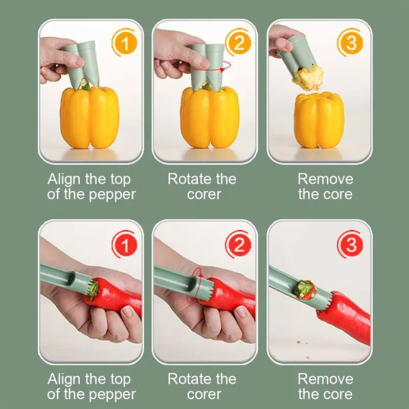 Pepper Seed Corer Remover 2-in-1 Green Pepper Decanter ABS Fruit Vegetable Core Puller Household Kitchen Sweet Pepper Small Tool