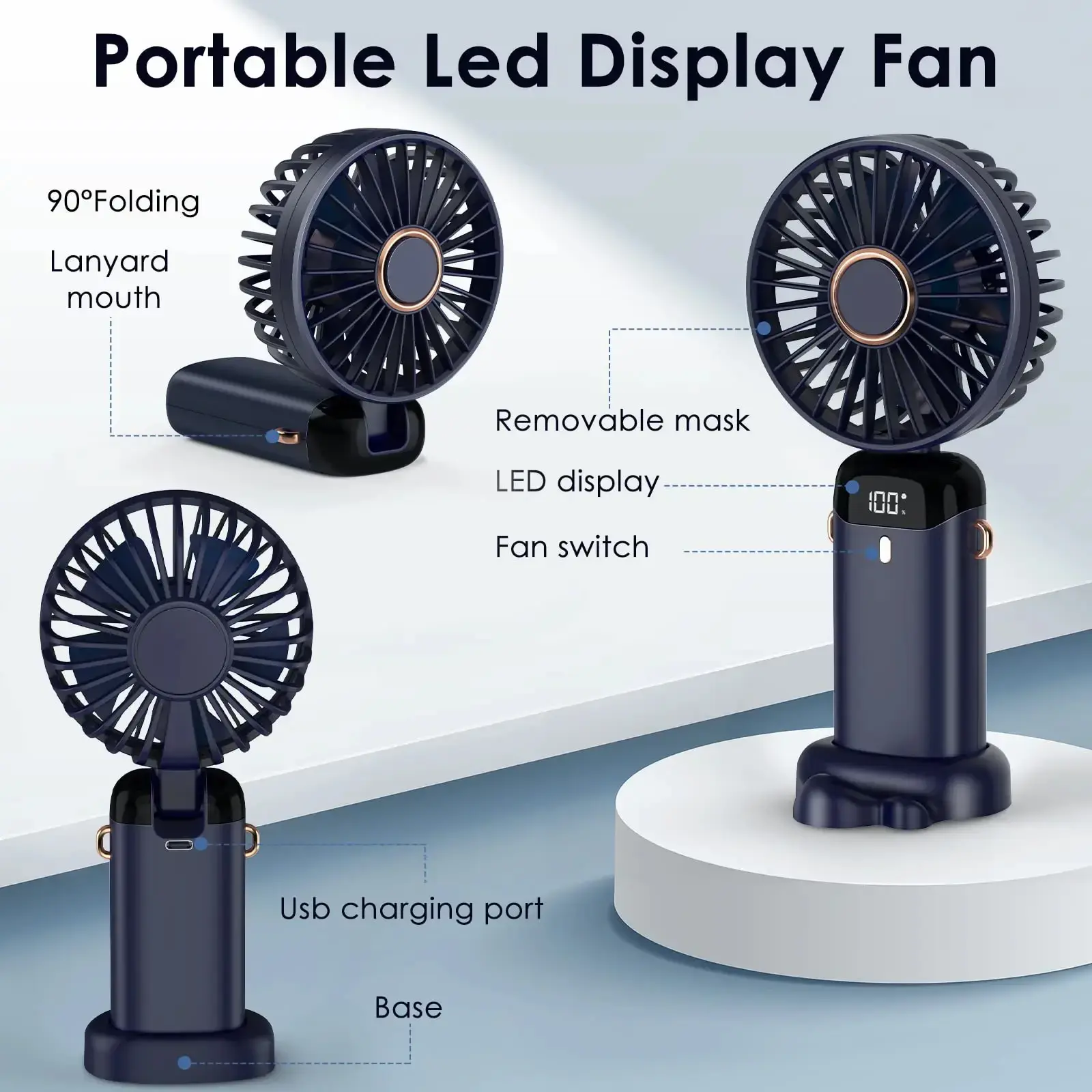 Portable Electric Mini Fan Air Cooler USB Rechargeable Type-C 5 Wind Speed LED DisPlay Neck Fan Handheld Folding Fan