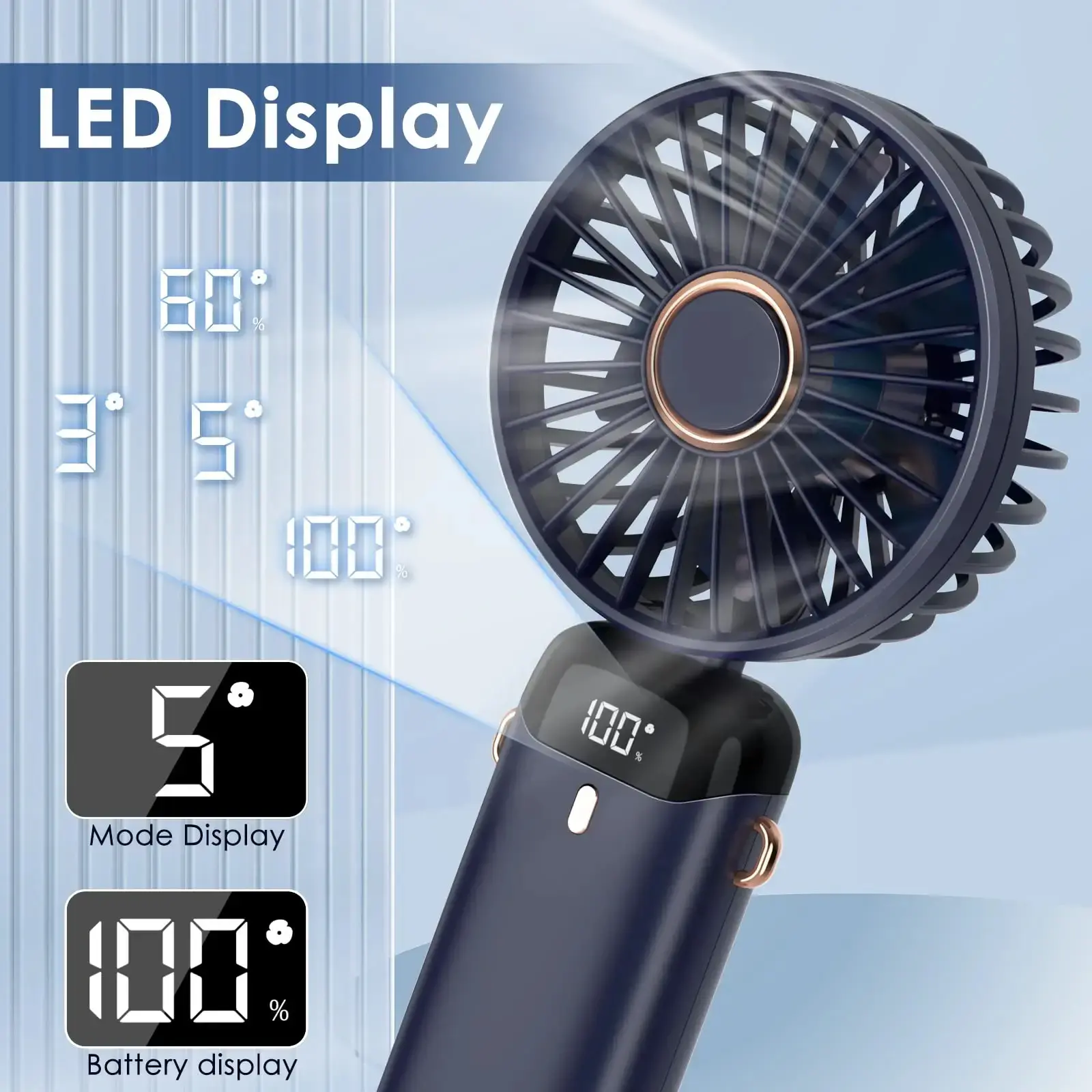 Portable Electric Mini Fan Air Cooler USB Rechargeable Type-C 5 Wind Speed LED DisPlay Neck Fan Handheld Folding Fan