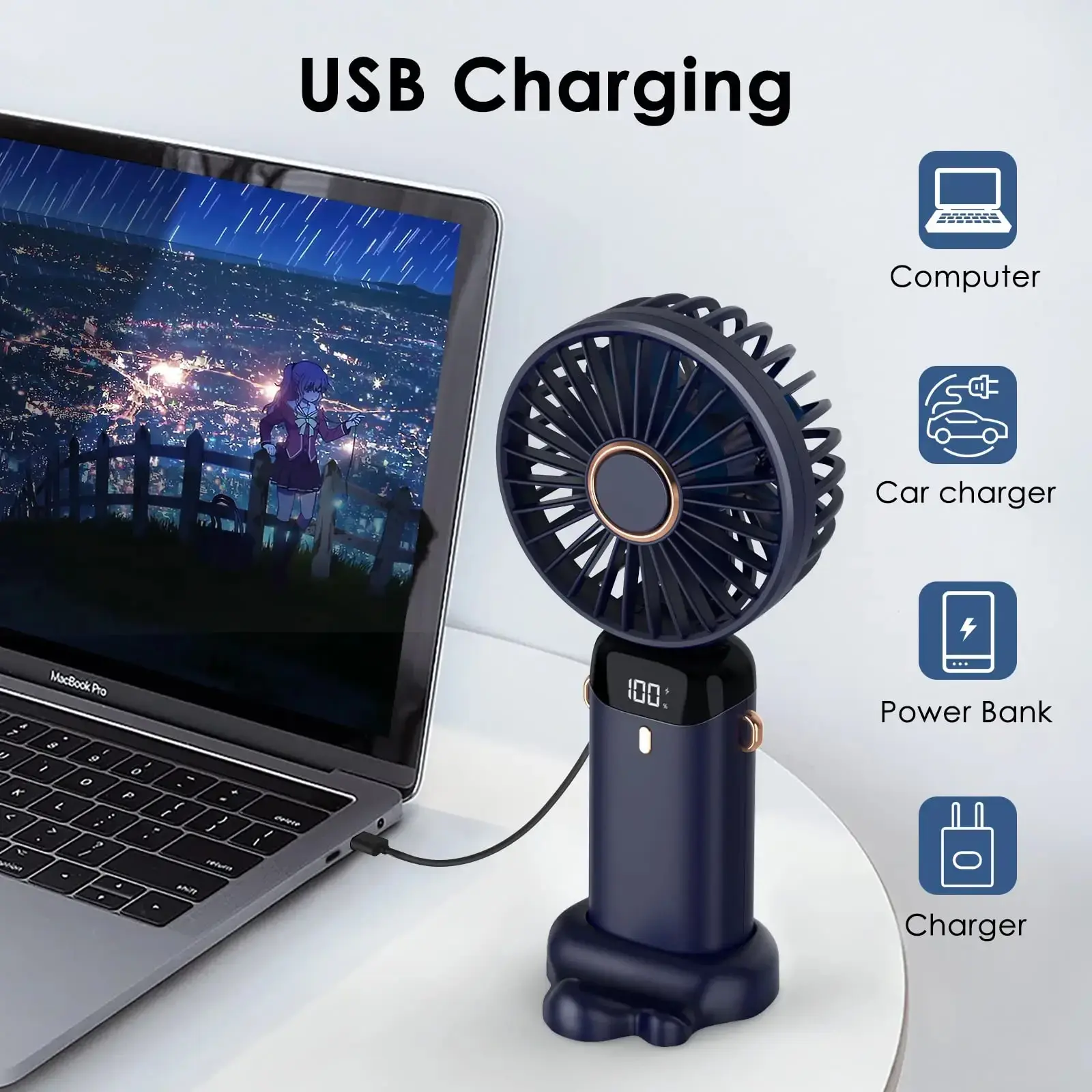 Portable Electric Mini Fan Air Cooler USB Rechargeable Type-C 5 Wind Speed LED DisPlay Neck Fan Handheld Folding Fan