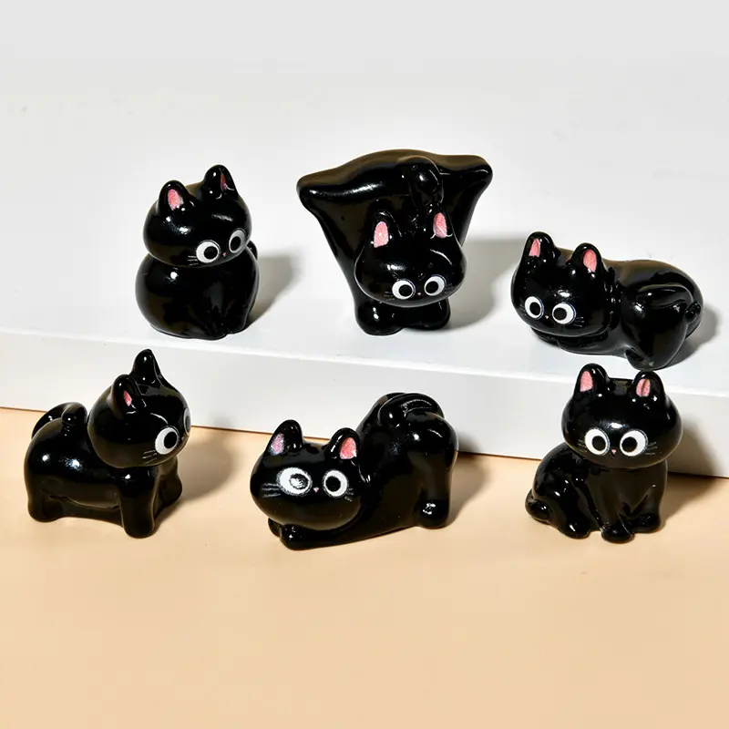 Cartoon Resin Black Cat Mini Statue Desktop Ornament 3D Glossy Cat Animal Resin Handmade DIY Micro Landscape Car Interior Decor