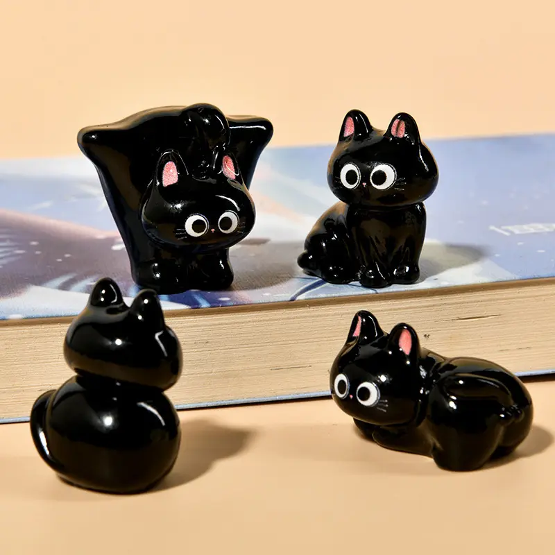 Cartoon Resin Black Cat Mini Statue Desktop Ornament 3D Glossy Cat Animal Resin Handmade DIY Micro Landscape Car Interior Decor