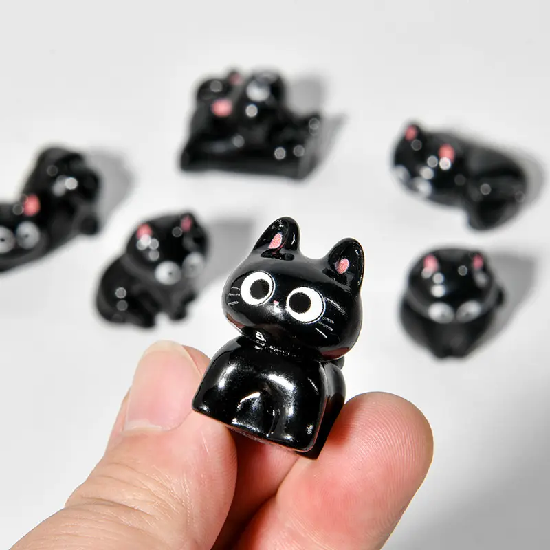 Cartoon Resin Black Cat Mini Statue Desktop Ornament 3D Glossy Cat Animal Resin Handmade DIY Micro Landscape Car Interior Decor