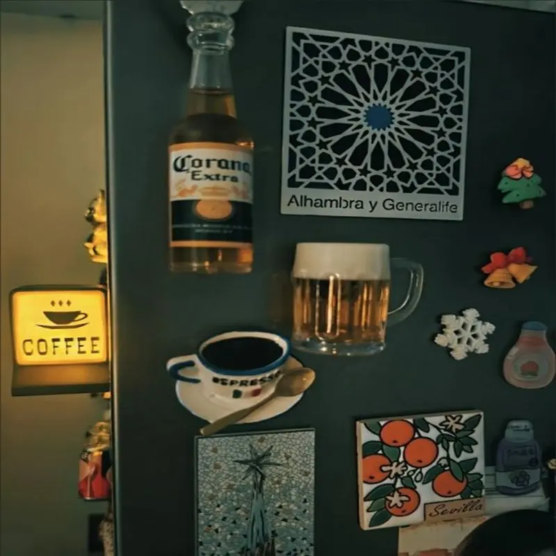 American Style Coffee Magnetic Refrigerator With Decorative Light Signs Illuminated Refrigerator With Memo Magnet Resin Ornament