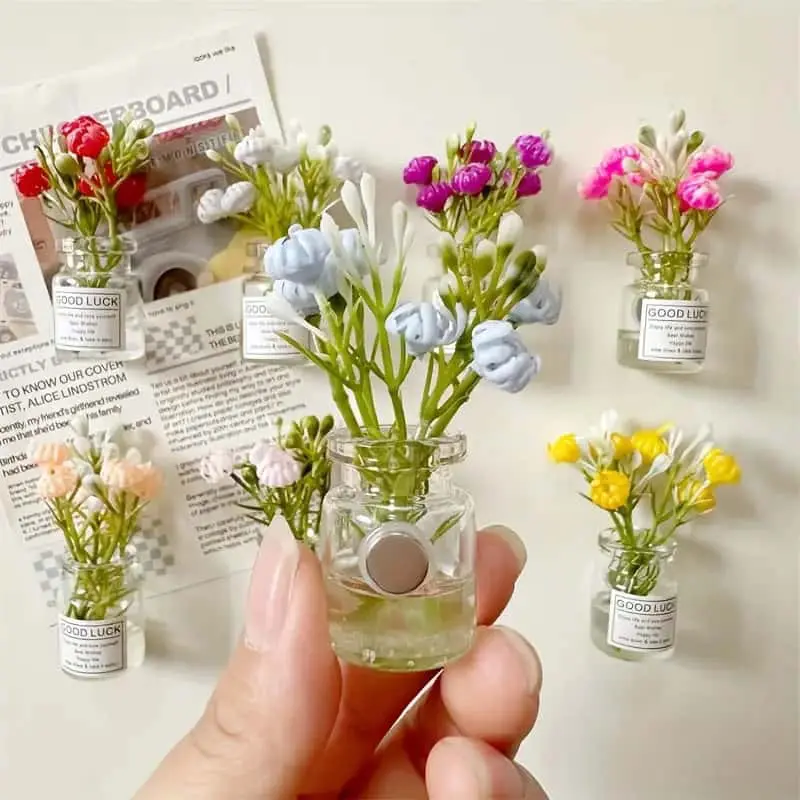 8pcs Mini Vases Refrigerator Stickers Creative DIY Vase 3D Car Center Console Decor Cute Refrigerator Accessories Kitchen Decor