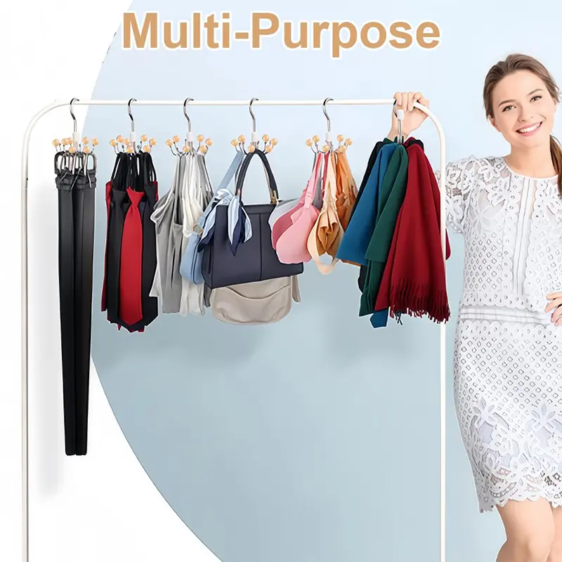 6 Claw Hook Hanger 360 Degree Rotating Wardrobe Hanger Wooden Bead Hat Bra Storage Hanger Hook Saves Space Tie Hanging Bag Rack