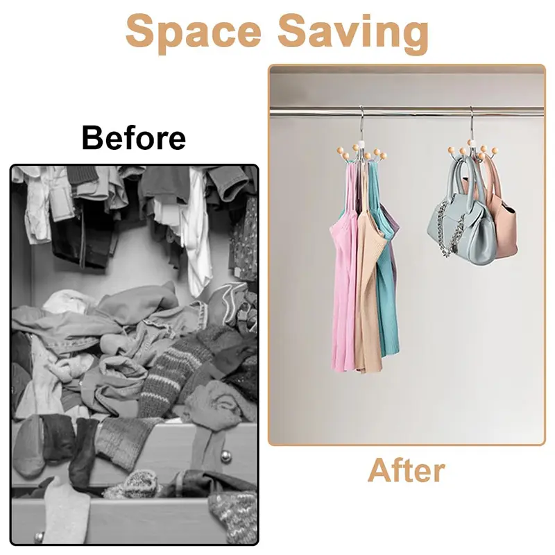 6 Claw Hook Hanger 360 Degree Rotating Wardrobe Hanger Wooden Bead Hat Bra Storage Hanger Hook Saves Space Tie Hanging Bag Rack