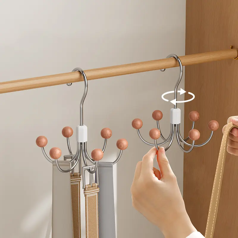 6 Claw Hook Hanger 360 Degree Rotating Wardrobe Hanger Wooden Bead Hat Bra Storage Hanger Hook Saves Space Tie Hanging Bag Rack