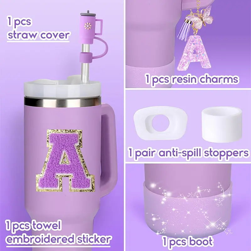 6pcs Cup Accessories Set For Stanley Cup 40oz 26 Letter Resin Glitter Pendant Spill Proof Stopper Silicone Straw Cover And Boots