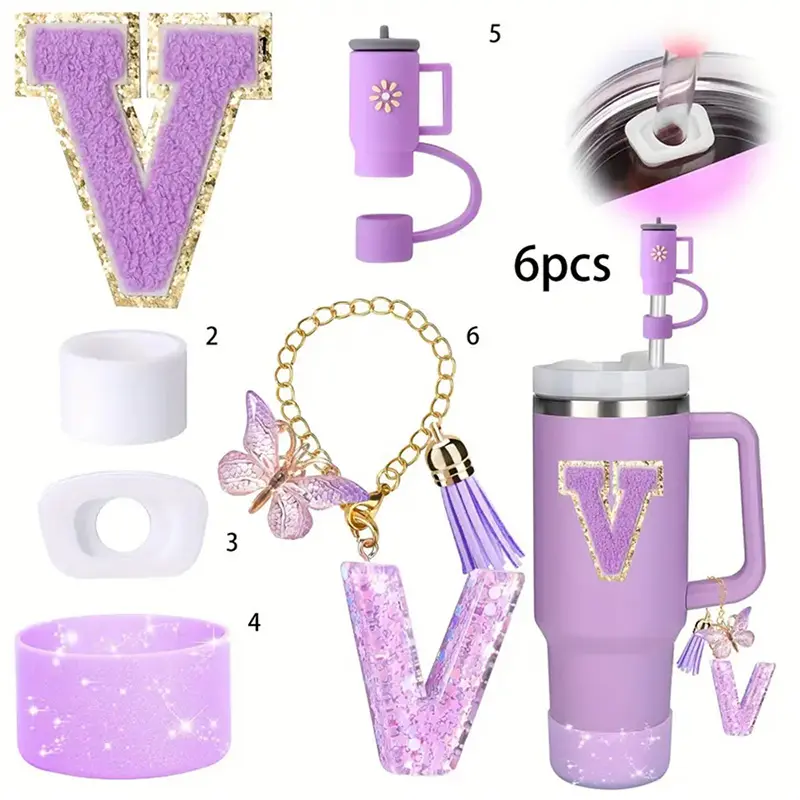 6pcs Cup Accessories Set For Stanley Cup 40oz 26 Letter Resin Glitter Pendant Spill Proof Stopper Silicone Straw Cover And Boots
