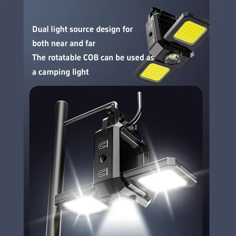 Mini Magnetic 3 Head Camping Flashlight Keychain Led Rechargeable Waterproof Flashlight Hanging With Base Outdoor Cob Work Light