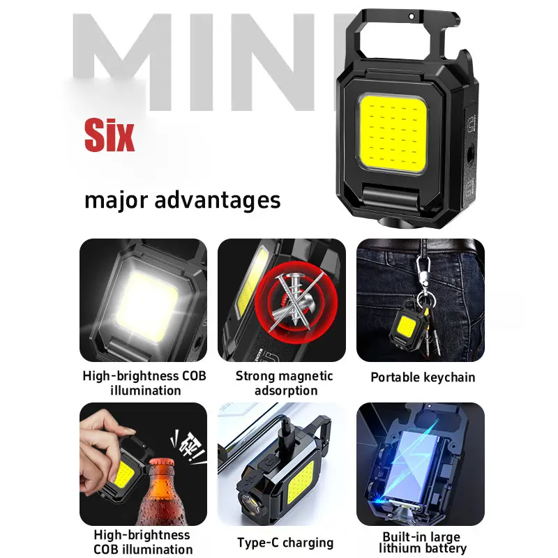 Mini Magnetic 3 Head Camping Flashlight Keychain Led Rechargeable Waterproof Flashlight Hanging With Base Outdoor Cob Work Light