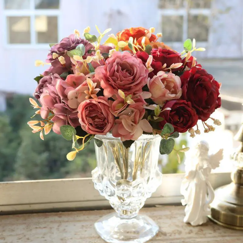 Romantic French Peony Silk Hydrangea Rose Simulation Bouquet Vase Table Decoration Wedding Party Garden Home Bouquet Furnishings