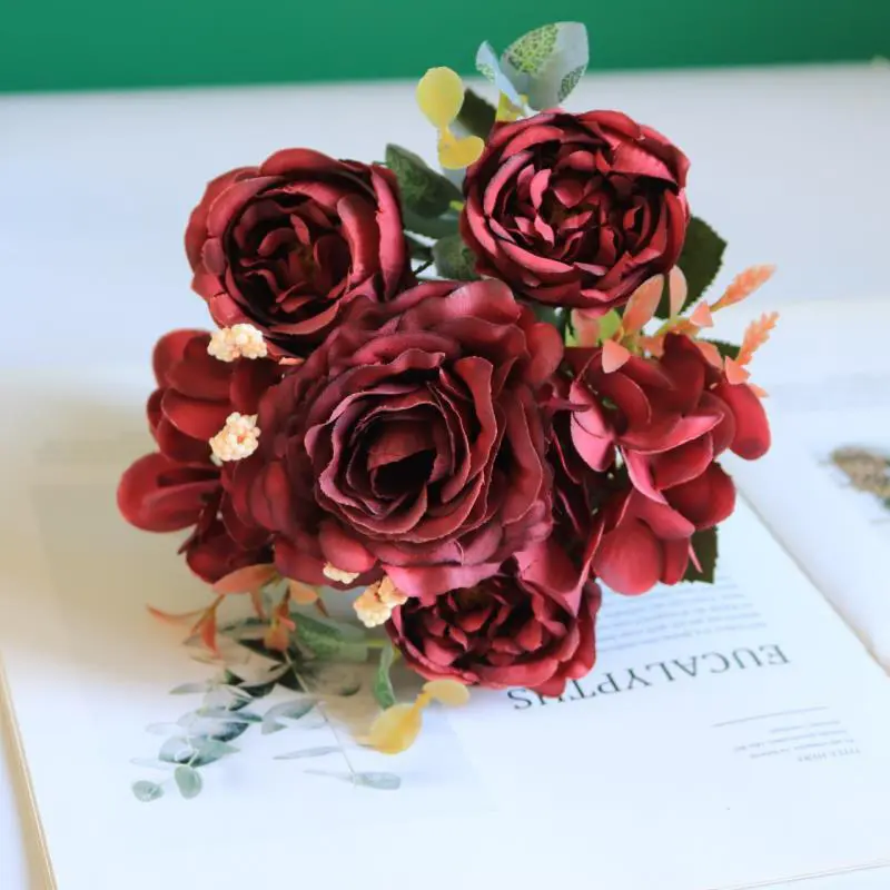 Romantic French Peony Silk Hydrangea Rose Simulation Bouquet Vase Table Decoration Wedding Party Garden Home Bouquet Furnishings