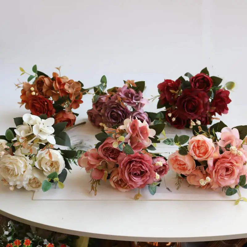 Romantic French Peony Silk Hydrangea Rose Simulation Bouquet Vase Table Decoration Wedding Party Garden Home Bouquet Furnishings