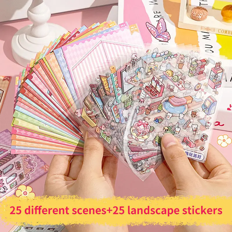 25pcs Scenes Mini Miniature Scene Stickers Collection Box Cartoon Scene DIY Landscape Stickers Game Kid Cabin Sticker Decor Gift