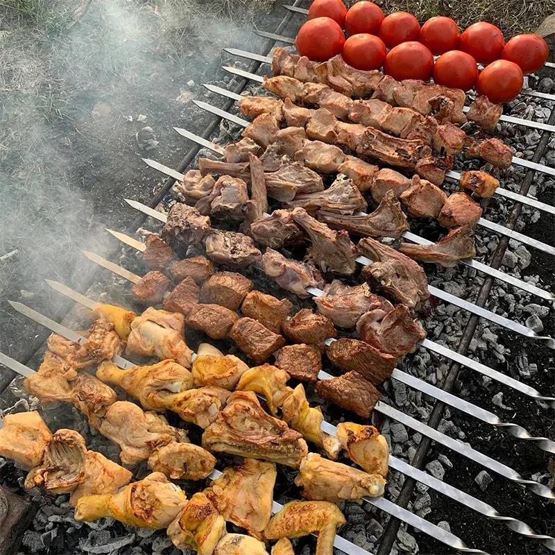 6/12pcs Thicken Stainless Steel Barbecue Skewer 45cm Flat Skewer Beef Lamb Pork Skewer Bbq Sticks Outdoor Camping Picnic Utensil