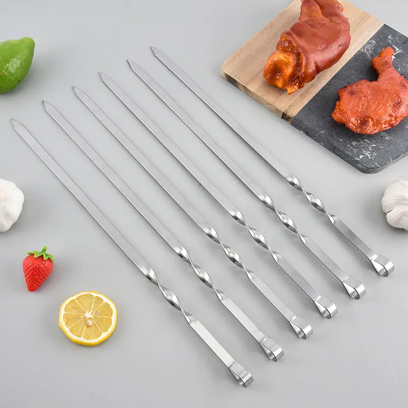 6/12pcs Thicken Stainless Steel Barbecue Skewer 45cm Flat Skewer Beef Lamb Pork Skewer Bbq Sticks Outdoor Camping Picnic Utensil