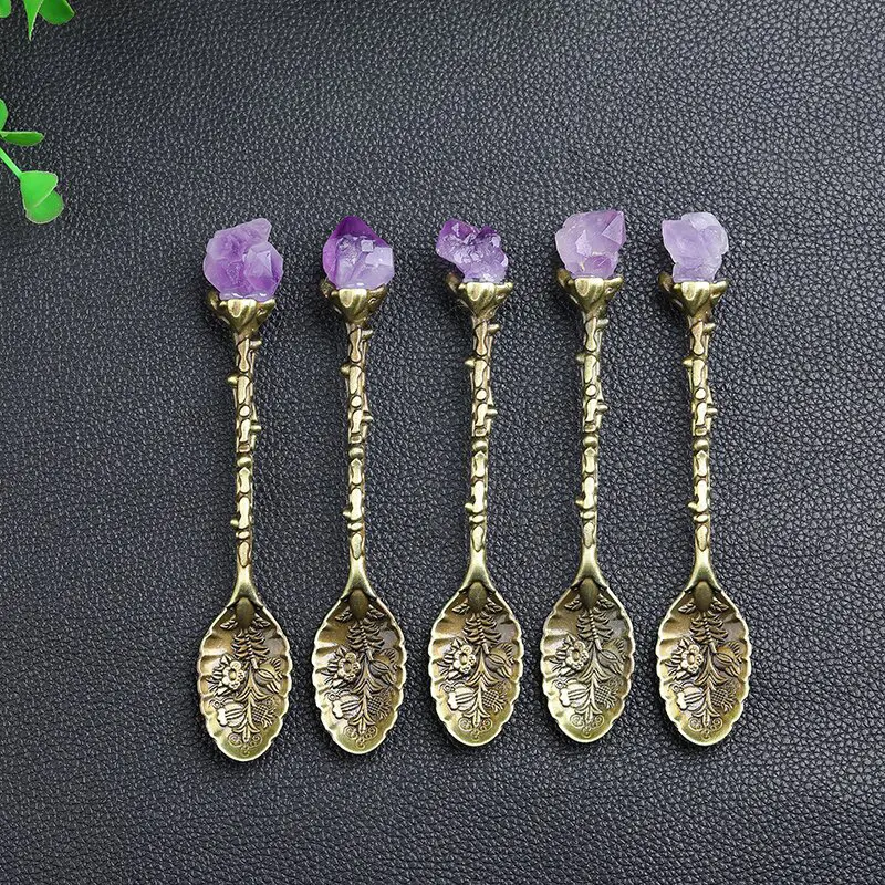 Natural Crystal Raw Stone Inlaid Spoon Retro Carved Mixing Tea Set Accessories Crystal Crafts Coffee Spoon Dessert Spoon Decor