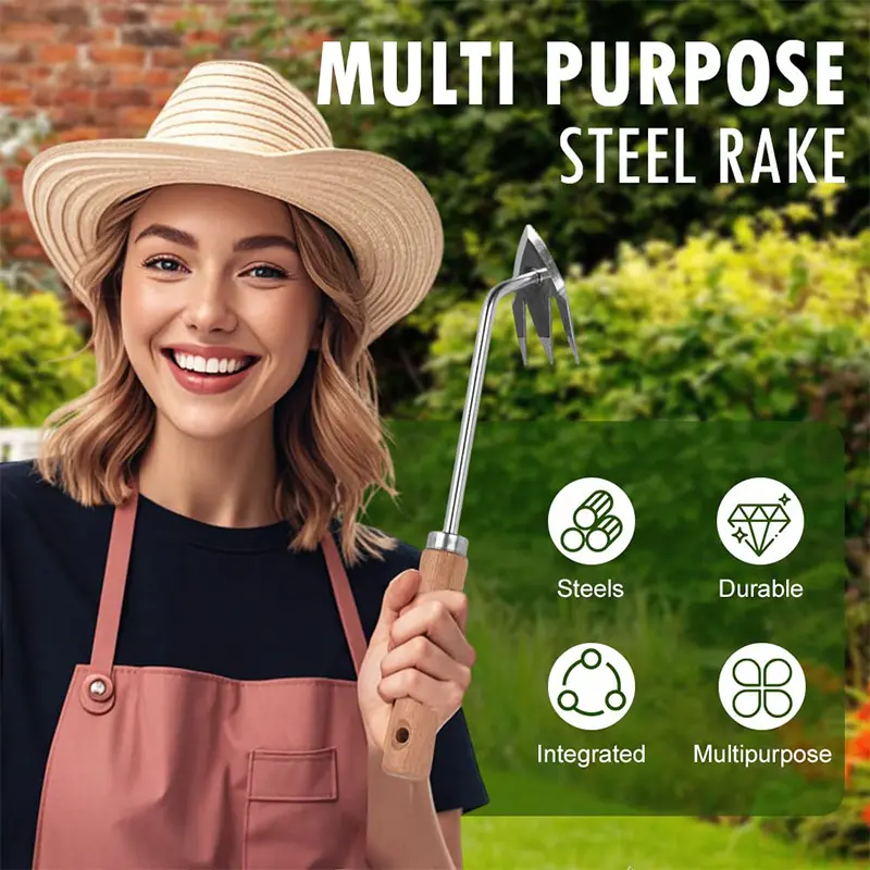 2025 Upgrade Head Straw Rake Weeding Tool With Handle Stainless 3 Teeth Weeding  Shovel Gardening Backyard Farm Loosening Soil