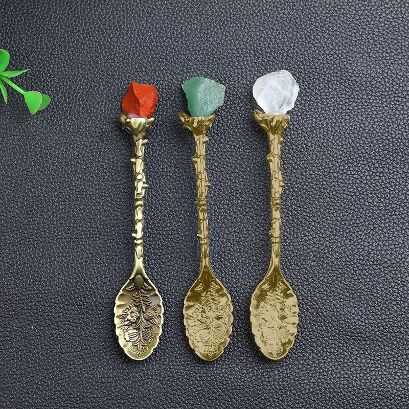 Natural Crystal Raw Stone Inlaid Spoon Retro Carved Mixing Tea Set Accessories Crystal Crafts Coffee Spoon Dessert Spoon Decor