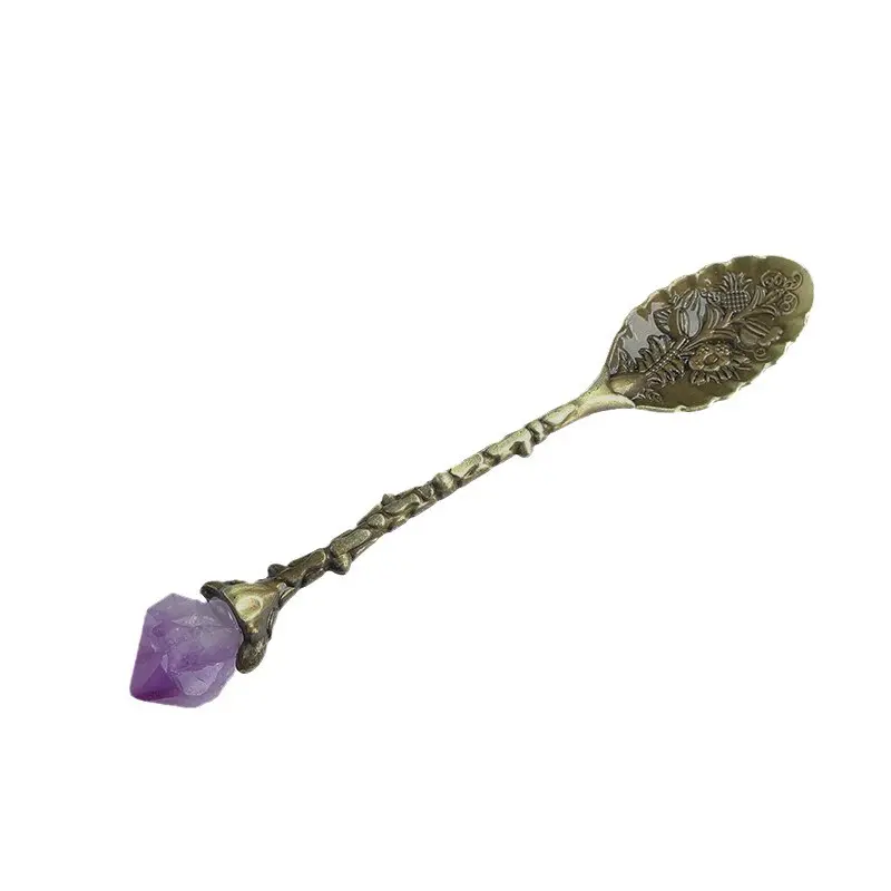 Natural Crystal Raw Stone Inlaid Spoon Retro Carved Mixing Tea Set Accessories Crystal Crafts Coffee Spoon Dessert Spoon Decor