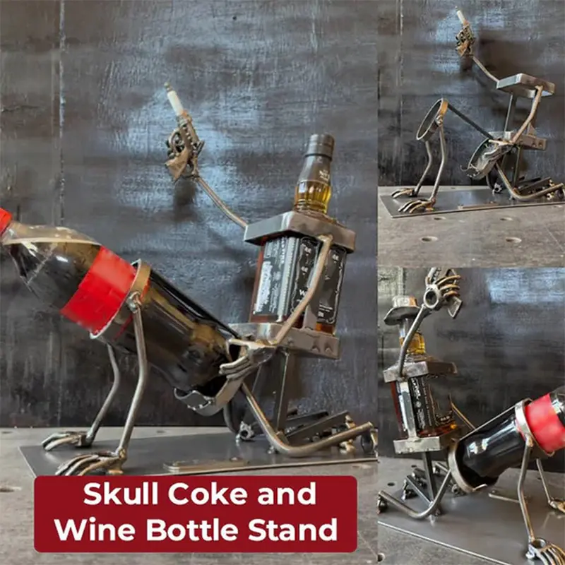 Metal Skull Beverage Wine Bottle Rack Funny 2-in-1 Skeleton Wine Rack Bold Decoration For Your Bars Man Cave Salon Style Homes