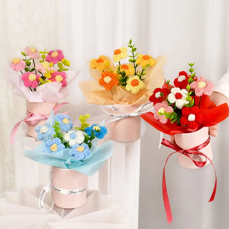 Valentine's Day Knitted Flower Bouquet Crochet Sunflower Rose Yarn Simulation Flower Decor Mother's Day Birthday Gift Home Decor