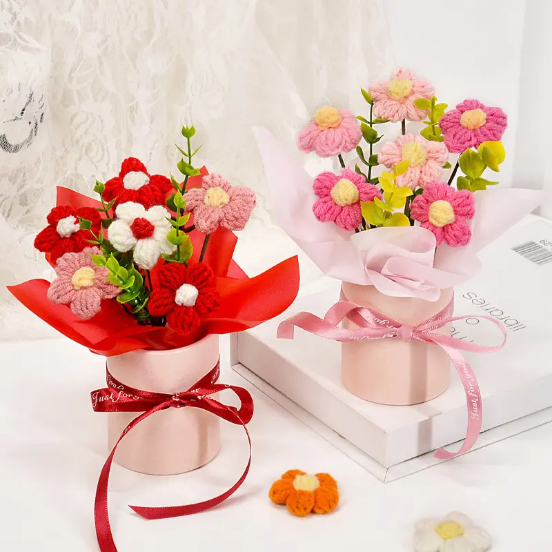 Valentine's Day Knitted Flower Bouquet Crochet Sunflower Rose Yarn Simulation Flower Decor Mother's Day Birthday Gift Home Decor