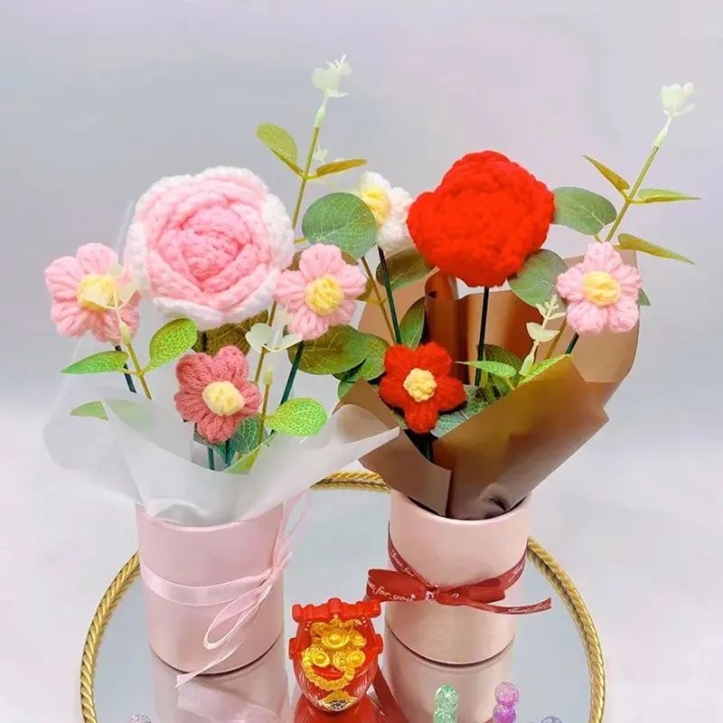 Valentine's Day Knitted Flower Bouquet Crochet Sunflower Rose Yarn Simulation Flower Decor Mother's Day Birthday Gift Home Decor
