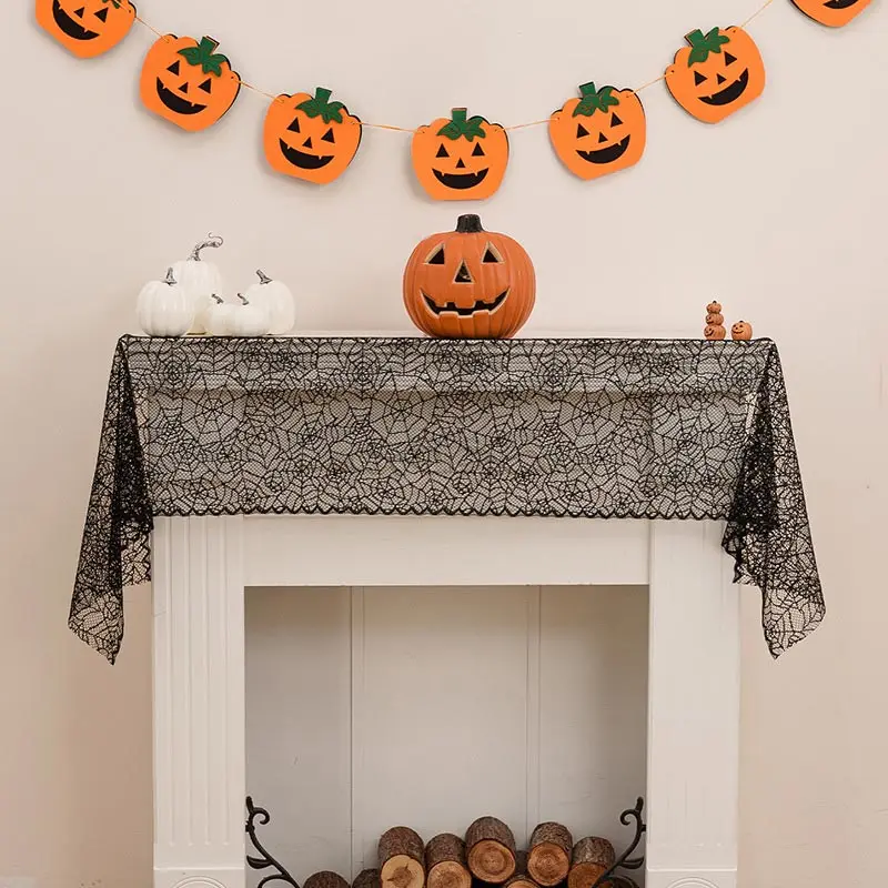 Halloween Black Lace Hollow Table Cloth Decoration American Spider Tablecloth Towel Party Home Theme Supplies Decoration