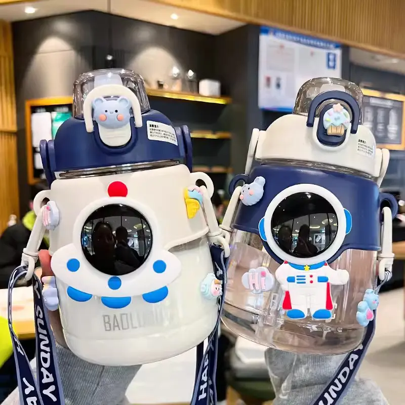 Kawaii Astronaut Space Water Bottle With 3D Stickers Straw BPA Free Cute 1300ml Large Plastic Juice Tea Gym Traval  Drink Bottle