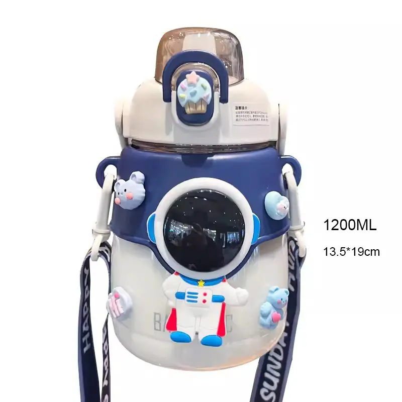 Kawaii Astronaut Space Water Bottle With 3D Stickers Straw BPA Free Cute 1300ml Large Plastic Juice Tea Gym Traval  Drink Bottle