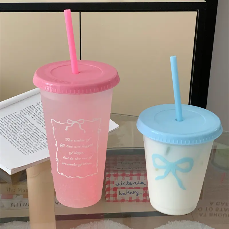 Kawaii Water Bottle Aesthetic Tumbler For Ice Coffee Juice Tea Cute Bowknot Plastic Cups With Straw Lid Portable Drinking Bottle