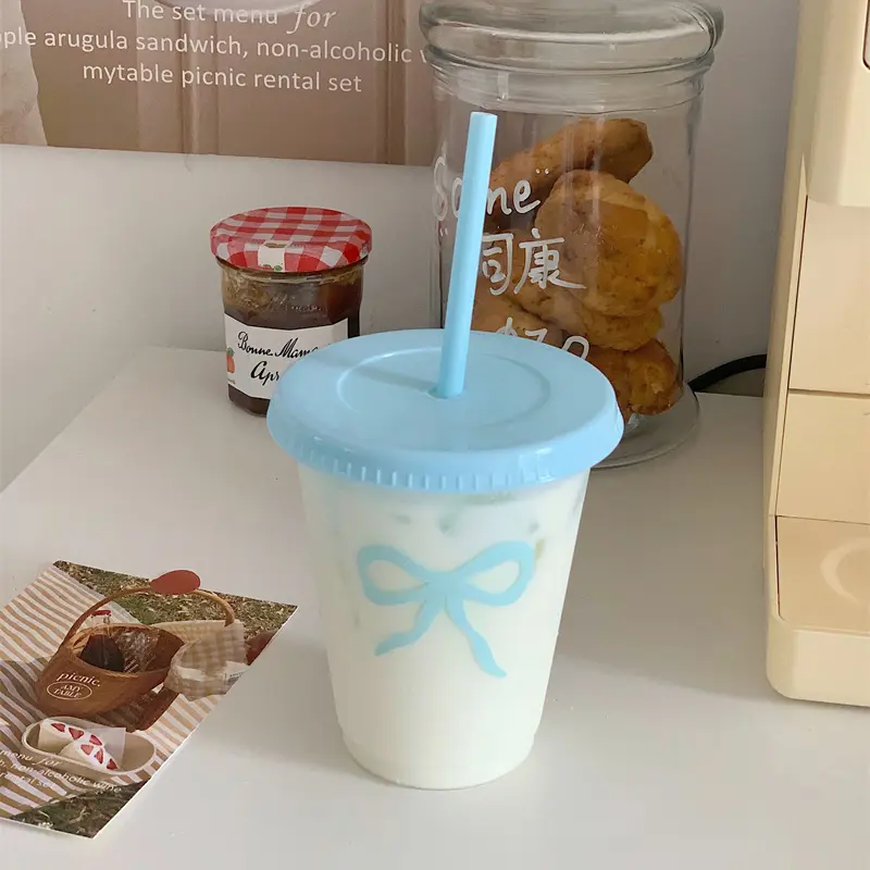 Kawaii Water Bottle Aesthetic Tumbler For Ice Coffee Juice Tea Cute Bowknot Plastic Cups With Straw Lid Portable Drinking Bottle