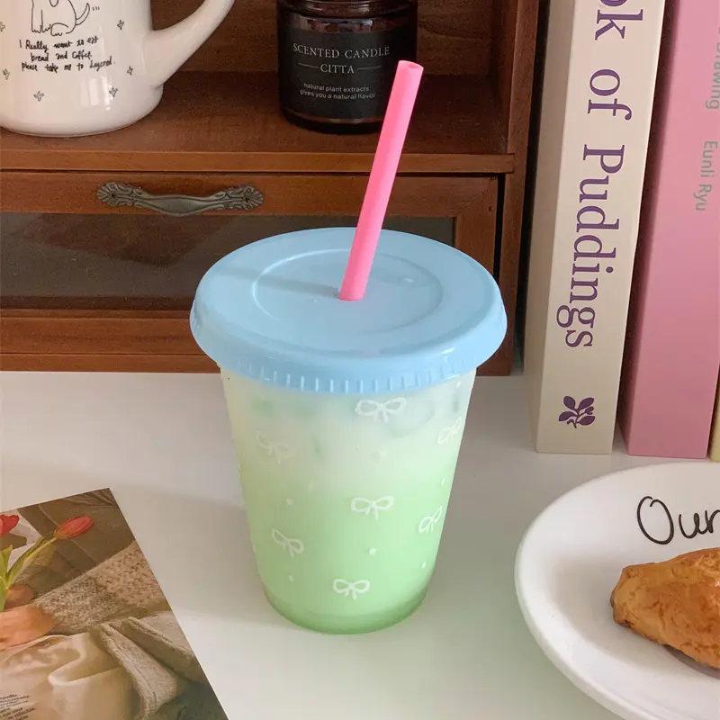 Kawaii Water Bottle Aesthetic Tumbler For Ice Coffee Juice Tea Cute Bowknot Plastic Cups With Straw Lid Portable Drinking Bottle