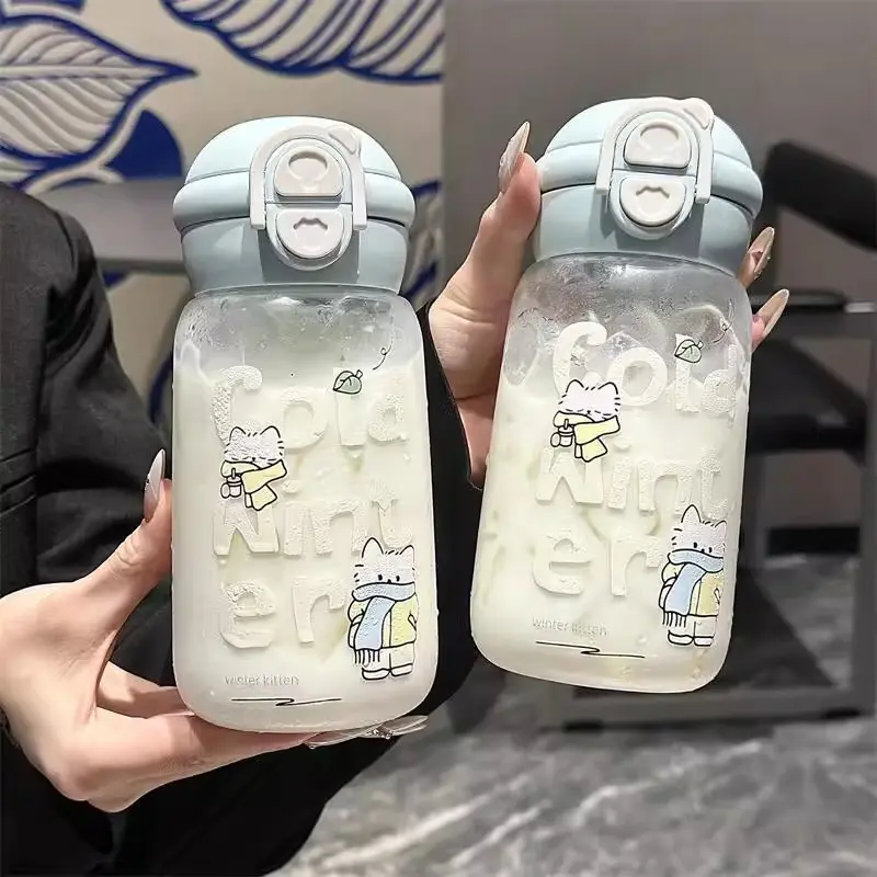 Cute Water Bottle With Straw Kawaii Tumbler 500ml Plastic Matcha Coffee Cold Cup Tumbler Fruit Tea Bottle For Kid Women BPA Free