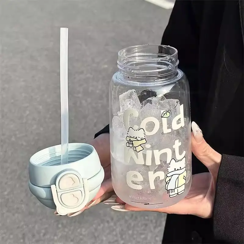 Cute Water Bottle With Straw Kawaii Tumbler 500ml Plastic Matcha Coffee Cold Cup Tumbler Fruit Tea Bottle For Kid Women BPA Free