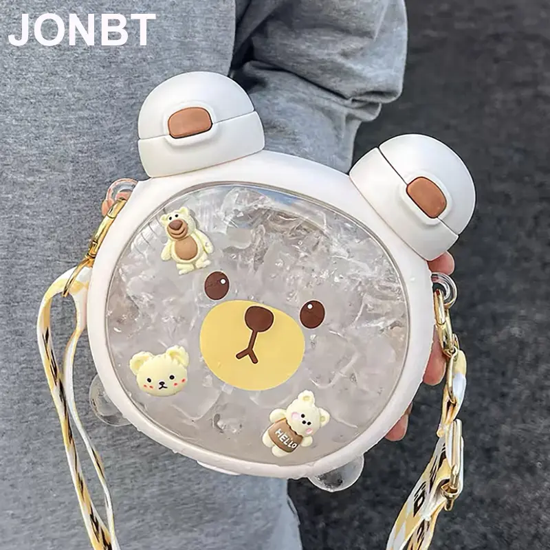 Kawaii Double Sided Bear Water Bottles 750ml Cute Tritan Flat Bubble Tea Juice Gym Traval Portable Drink Bottle Straw  BPA Free