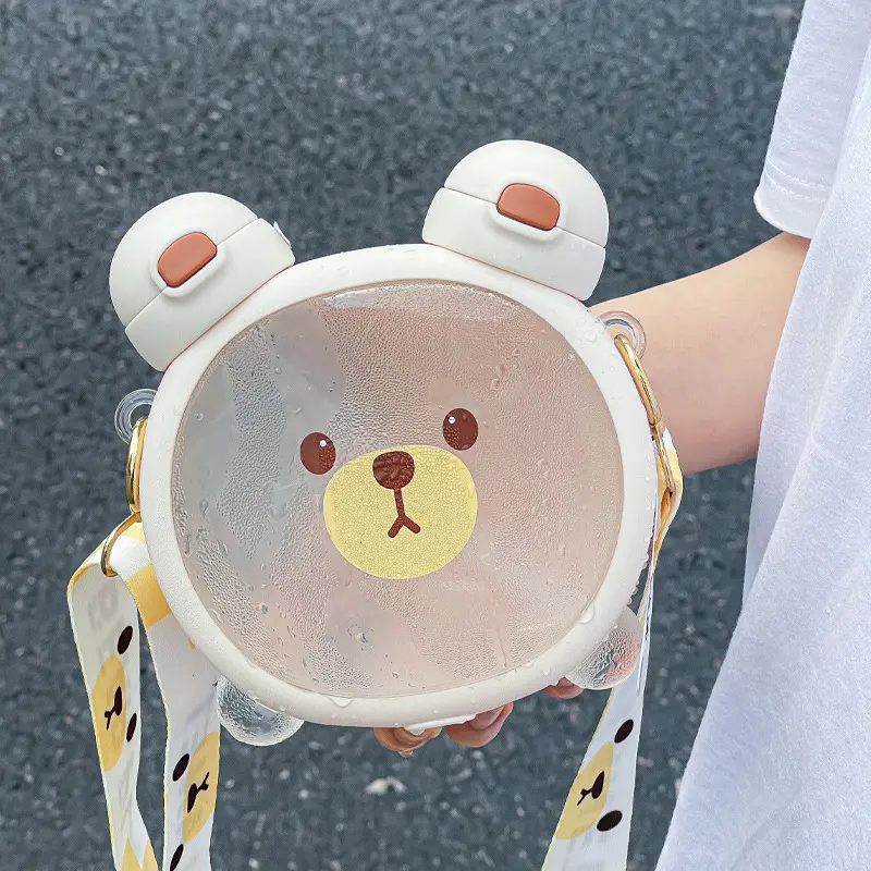 Kawaii Double Sided Bear Water Bottles 750ml Cute Tritan Flat Bubble Tea Juice Gym Traval Portable Drink Bottle Straw  BPA Free